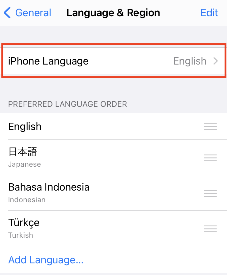 iiPhone言語設定の画面