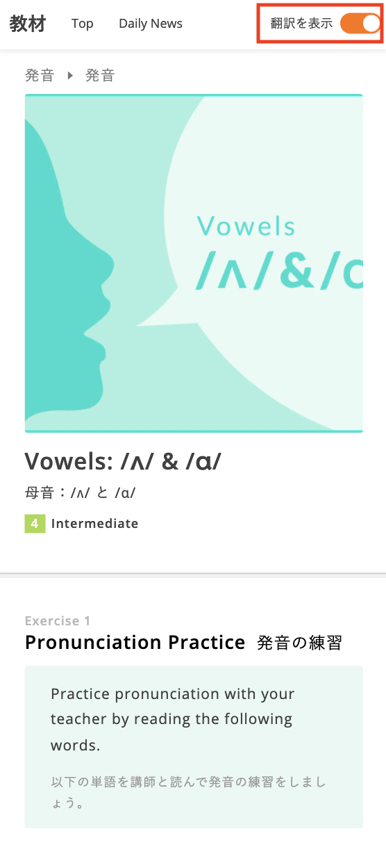 右上「翻訳を表示」ボタンから翻訳のON/OFFが可能